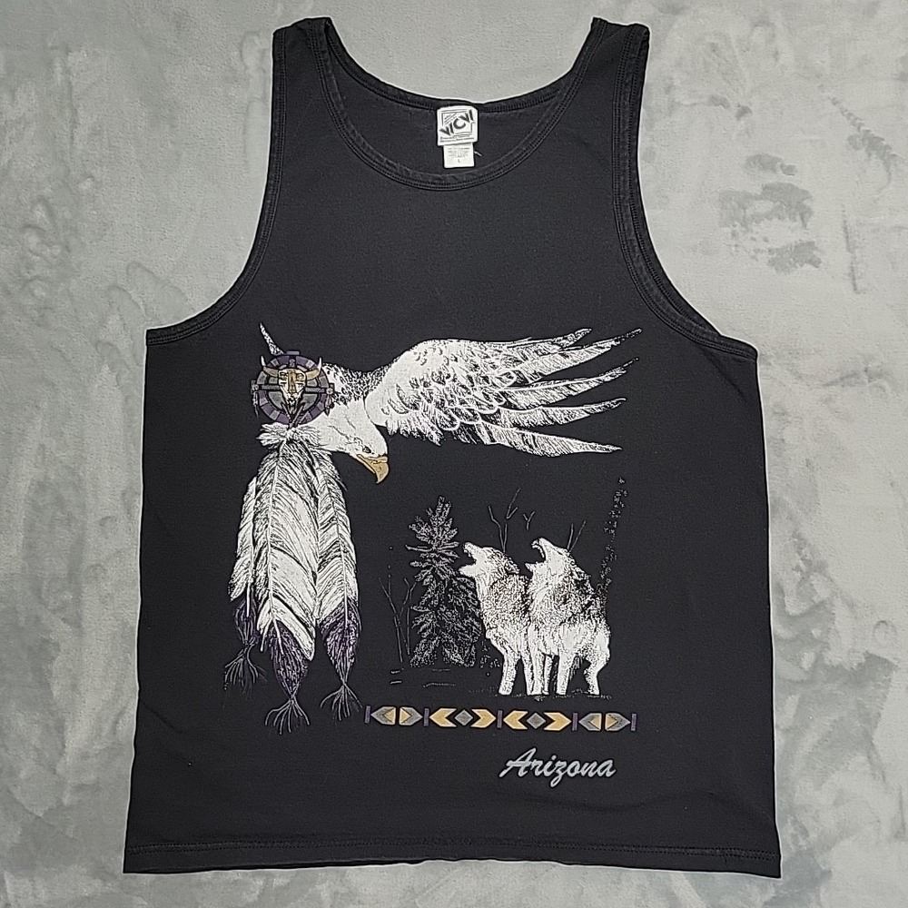 VTG Arizona Eagle Wolf Tank Top Mens L Black Southwest Native Nature Shirt WCW